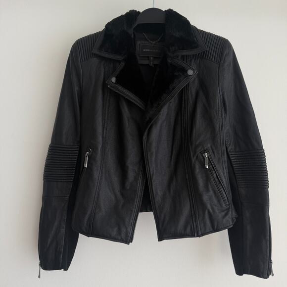 BCBG Maxazria Leather Bomber Jacket Womens Medium Black Moto NO ZIPPER Faux Fur - Picture 6 of 13